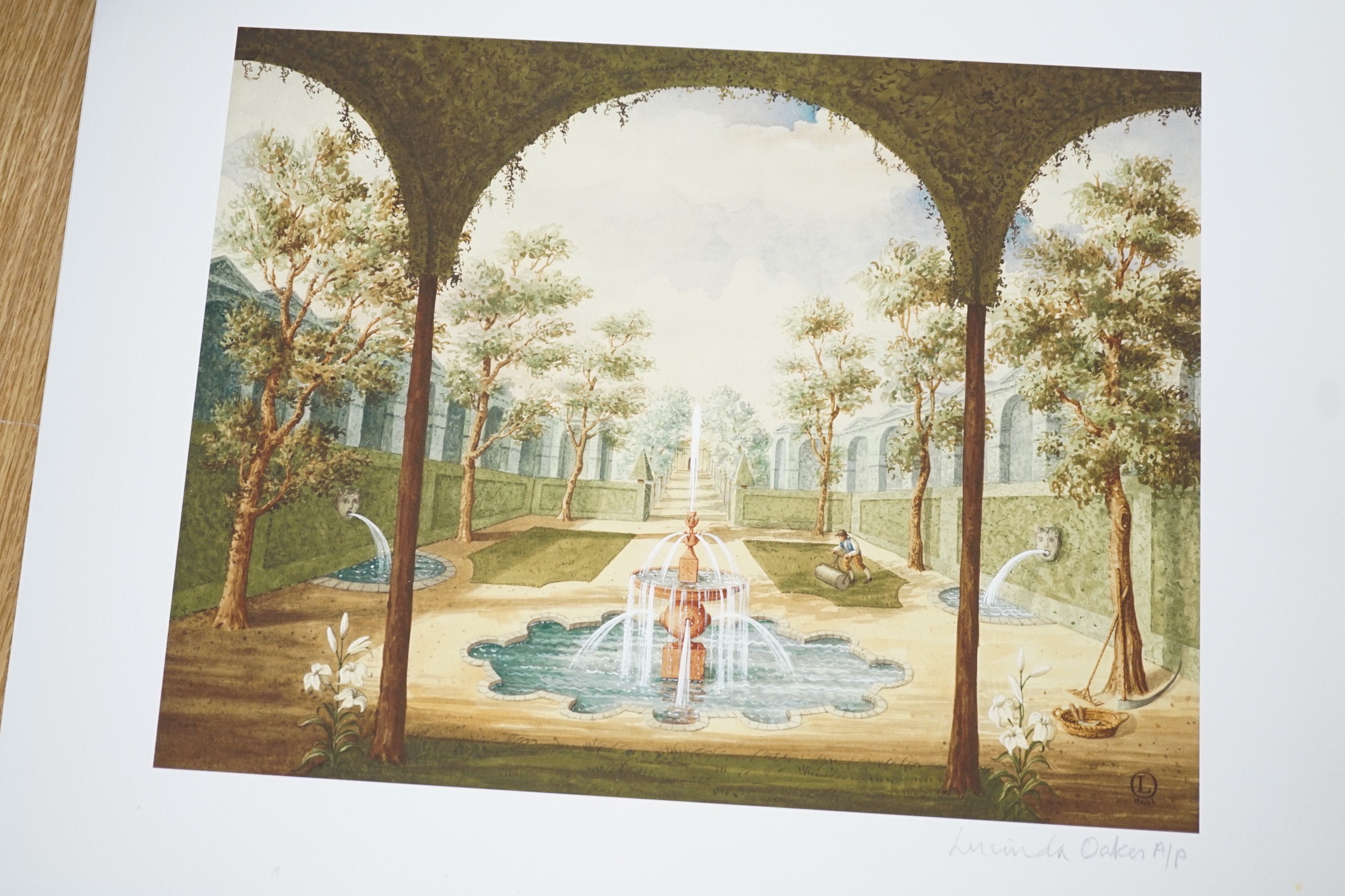 Lucinda Oakes, eight offset lithographs with hand-tinting, 18th century gardens with fountains, four signed in pencil and inscribed AP (artist proof), overall 35 x 42.5cm and four signed in pencil, overall 30 x 37.5cm, u